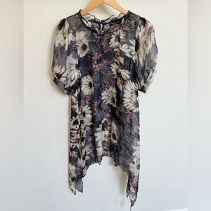 Pretty Angel Floral Sheer Tunic Dress in Black & Cream NWOT Keyhole Back Silk